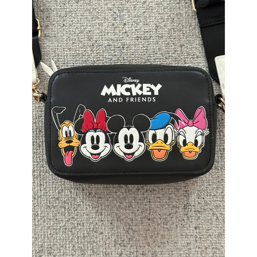 Disney Mickey and Friends Black Crossbody Bag Camera Bag Faux Leather Gold Tone